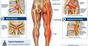 Diagram of the sciatic nerve pathway and common causes of sciatica