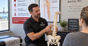 Chiropractor discussing red flag symptoms and referral for sciatica care in Racine, WI