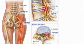 Diagram showing how a herniated disc causes sciatica nerve pain