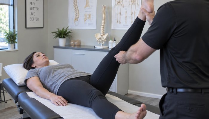 Chiropractor performing an orthopedic test to diagnose sciatica in Racine, WI