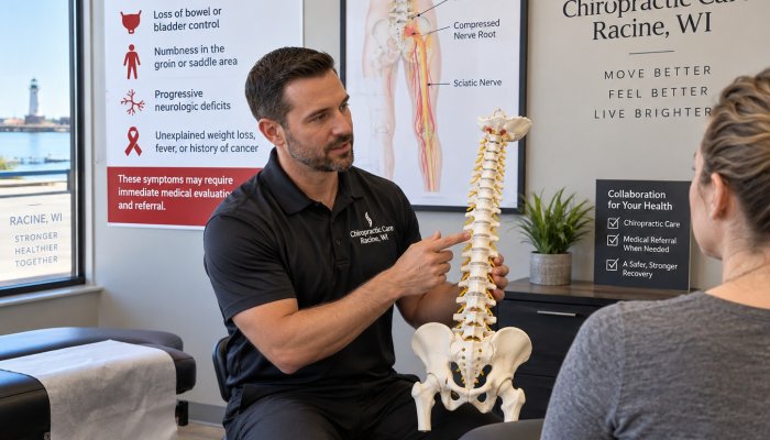 Chiropractor discussing red flag symptoms and referral for sciatica care in Racine, WI