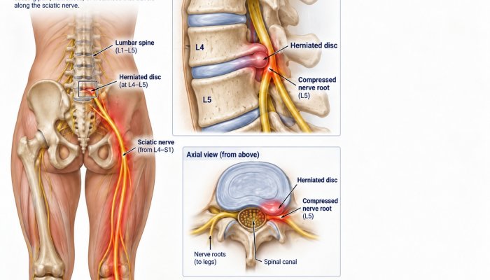 Diagram showing how a herniated disc causes sciatica nerve pain